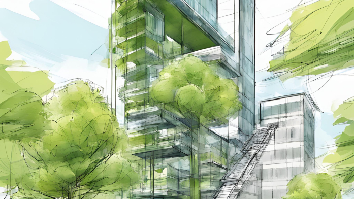 moderner Campus, Skizze, grüne Bäume, conveyor tower